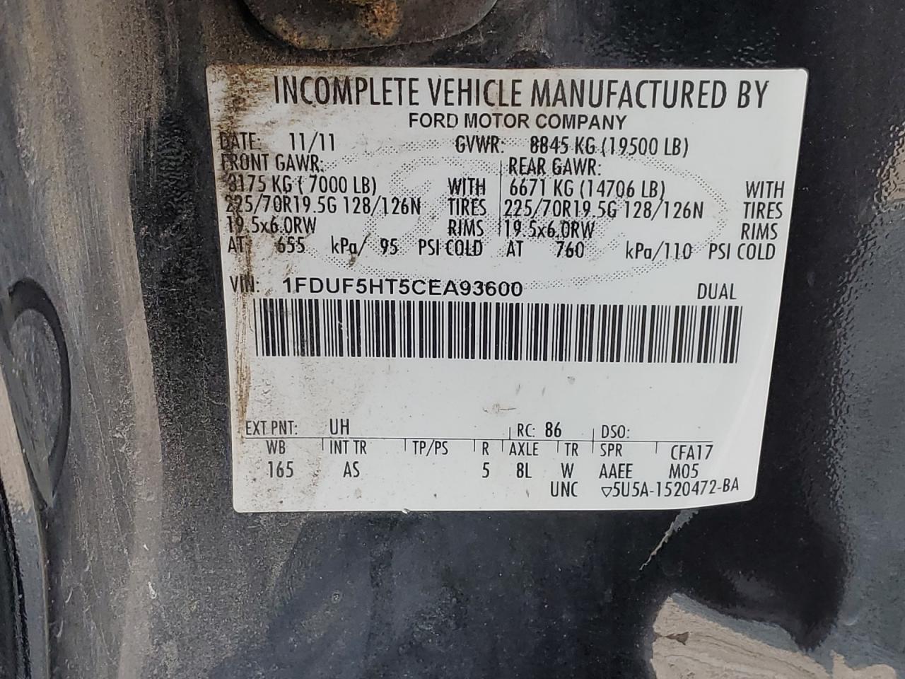 Photo 11 VIN: 1FDUF5HT5CEA93600 - FORD F550 