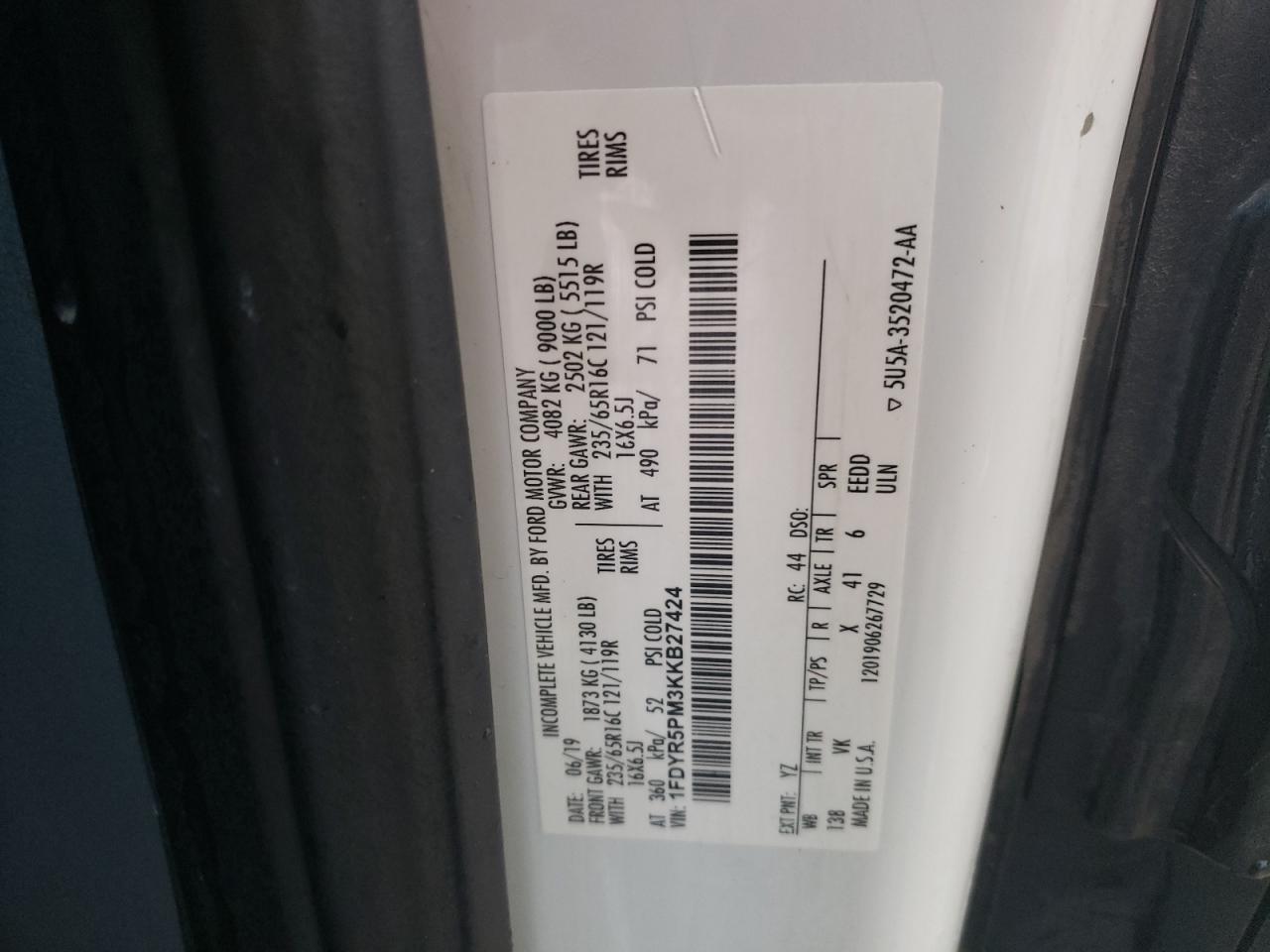 Photo 12 VIN: 1FDYR5PM3KKB27424 - FORD TRANSIT 