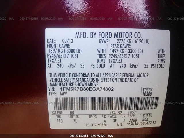 Photo 8 VIN: 1FM5K7B80EGA74802 - FORD EXPLORER 