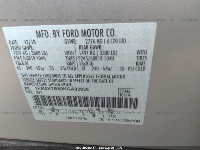 Photo 8 VIN: 1FM5K7B80KGA92938 - FORD EXPLORER 