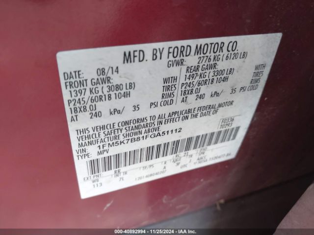 Photo 8 VIN: 1FM5K7B81FGA51112 - FORD EXPLORER 