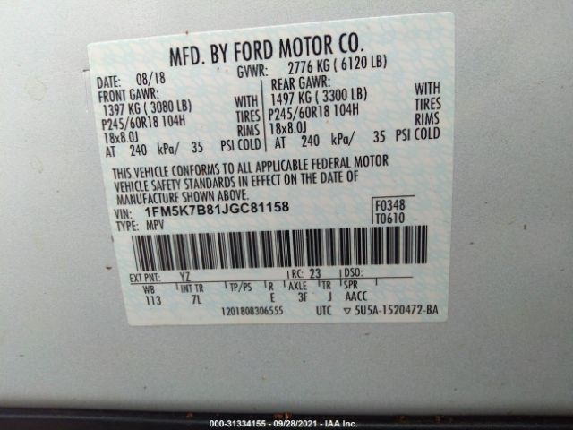 Photo 8 VIN: 1FM5K7B81JGC81158 - FORD EXPLORER 