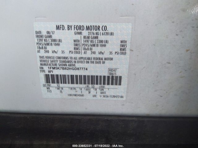 Photo 8 VIN: 1FM5K7B82HGD87774 - FORD EXPLORER 