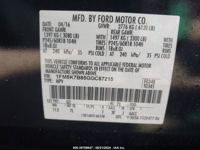 Photo 8 VIN: 1FM5K7B85GGC87215 - FORD EXPLORER 