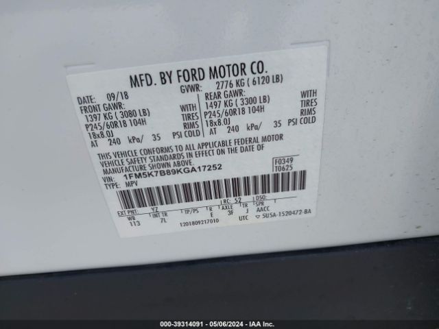 Photo 8 VIN: 1FM5K7B89KGA17252 - FORD EXPLORER 