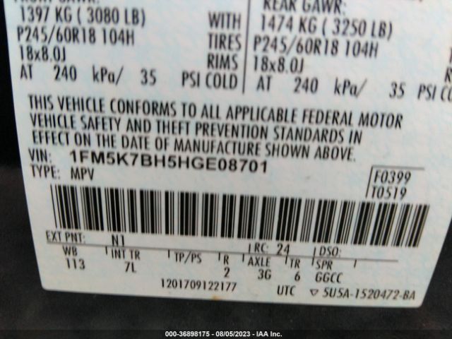 Photo 8 VIN: 1FM5K7BH5HGE08701 - FORD EXPLORER 