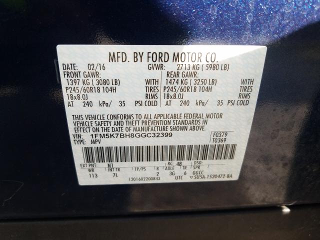 Photo 9 VIN: 1FM5K7BH8GGC32399 - FORD EXPLORER 