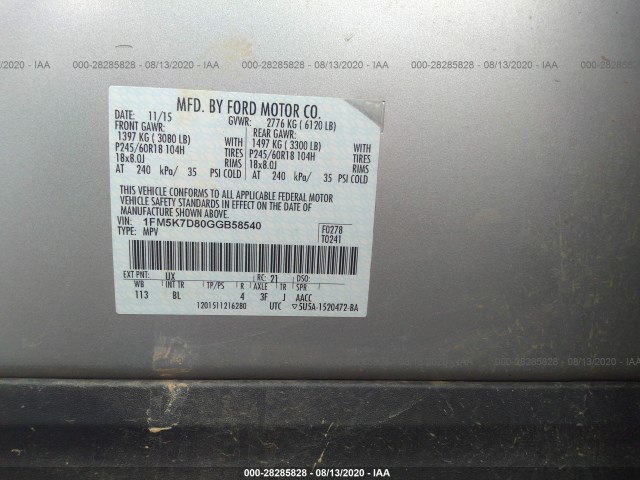 Photo 8 VIN: 1FM5K7D80GGB58540 - FORD EXPLORER 