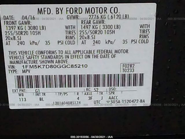 Photo 8 VIN: 1FM5K7D80GGC85210 - FORD EXPLORER 