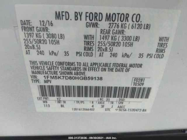 Photo 8 VIN: 1FM5K7D80HGB59138 - FORD EXPLORER 