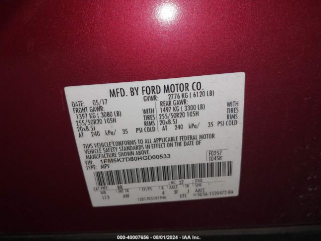 Photo 8 VIN: 1FM5K7D80HGD00533 - FORD EXPLORER 