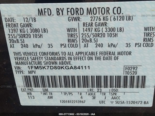 Photo 8 VIN: 1FM5K7D80KGA84111 - FORD EXPLORER 