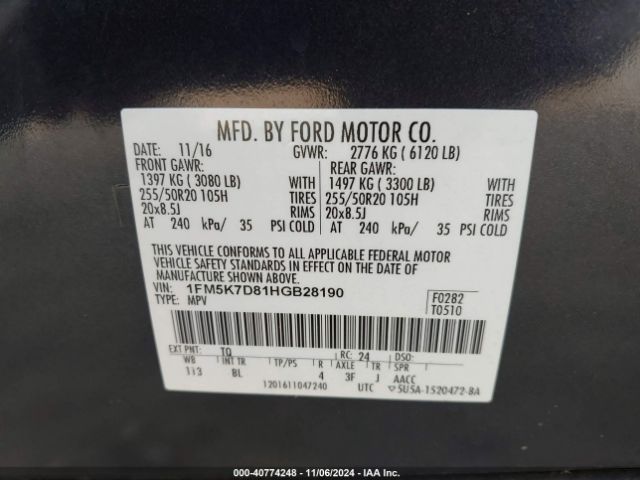 Photo 8 VIN: 1FM5K7D81HGB28190 - FORD EXPLORER 