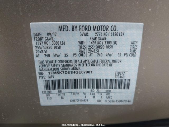 Photo 8 VIN: 1FM5K7D81HGE07901 - FORD EXPLORER 