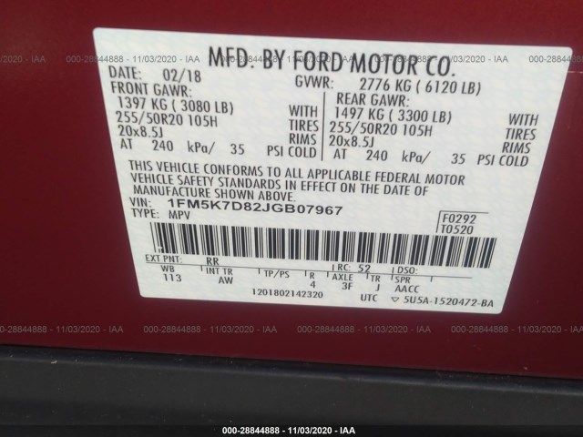 Photo 8 VIN: 1FM5K7D82JGB07967 - FORD EXPLORER 