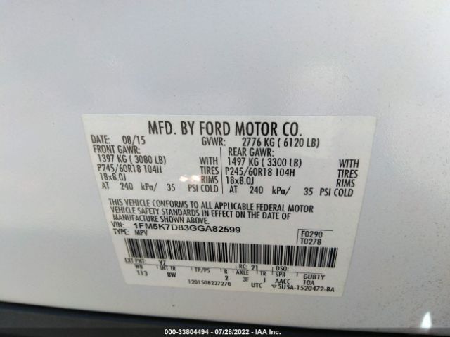 Photo 8 VIN: 1FM5K7D83GGA82599 - FORD EXPLORER 