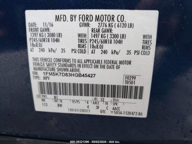 Photo 8 VIN: 1FM5K7D83HGB45427 - FORD EXPLORER 