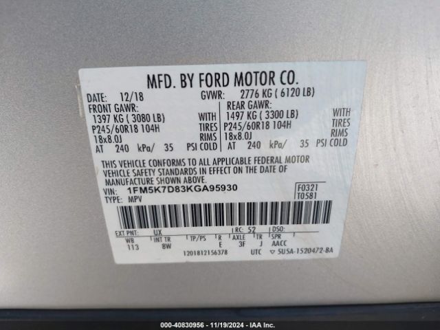 Photo 8 VIN: 1FM5K7D83KGA95930 - FORD EXPLORER 