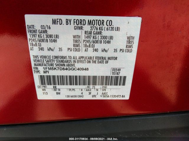 Photo 8 VIN: 1FM5K7D84GGC40948 - FORD EXPLORER 