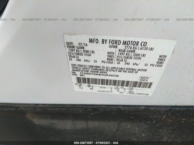 Photo 8 VIN: 1FM5K7D84HGA34336 - FORD EXPLORER 