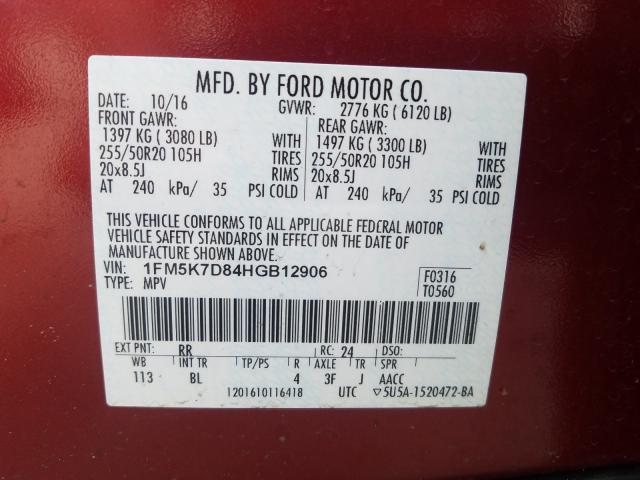 Photo 9 VIN: 1FM5K7D84HGB12906 - FORD EXPLORER X 