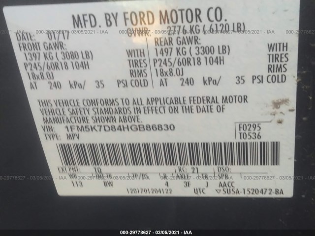 Photo 8 VIN: 1FM5K7D84HGB86830 - FORD EXPLORER 