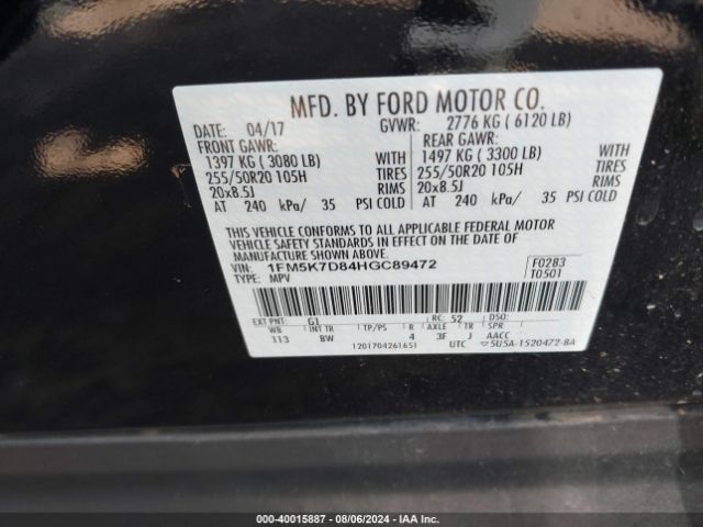 Photo 8 VIN: 1FM5K7D84HGC89472 - FORD EXPLORER 