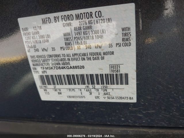 Photo 8 VIN: 1FM5K7D84KGA88520 - FORD EXPLORER 