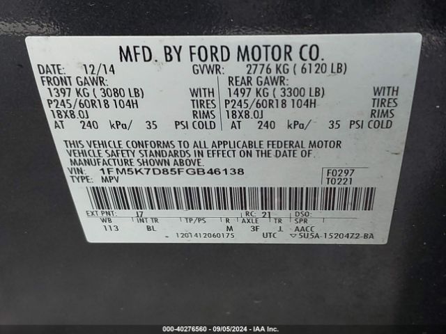 Photo 8 VIN: 1FM5K7D85FGB46138 - FORD EXPLORER 