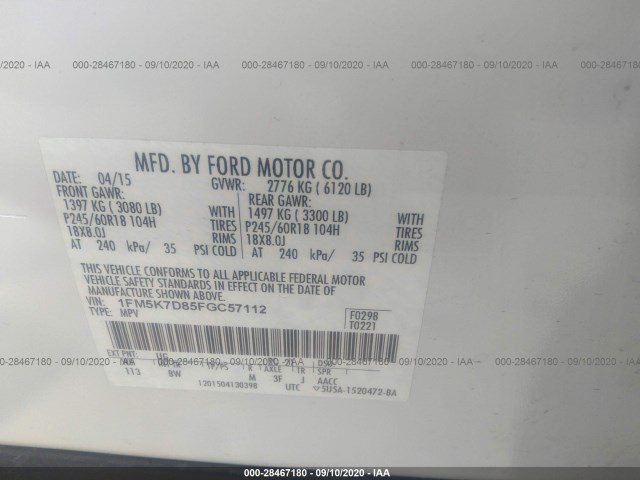 Photo 8 VIN: 1FM5K7D85FGC57112 - FORD EXPLORER 