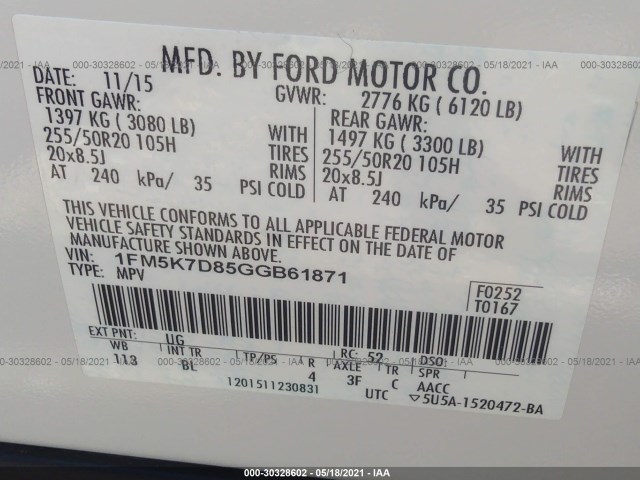 Photo 8 VIN: 1FM5K7D85GGB61871 - FORD EXPLORER 