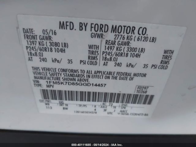 Photo 8 VIN: 1FM5K7D85GGD14457 - FORD EXPLORER 