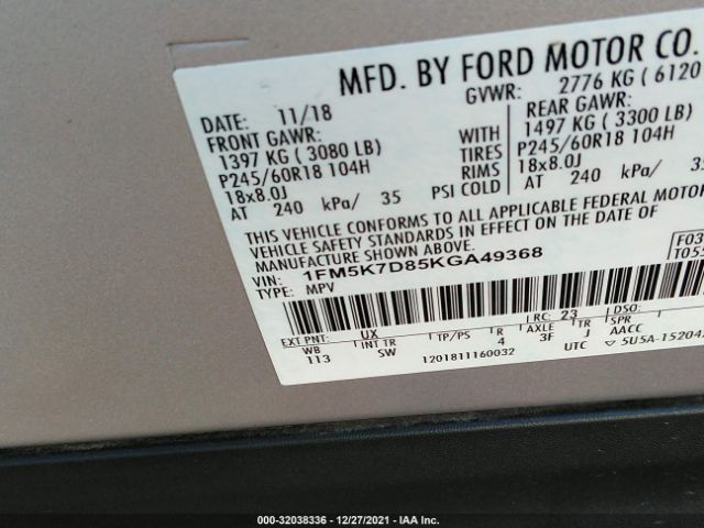 Photo 8 VIN: 1FM5K7D85KGA49368 - FORD EXPLORER 