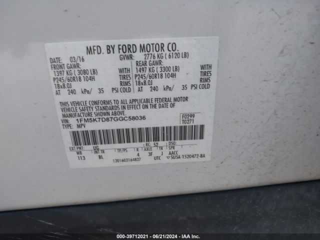 Photo 8 VIN: 1FM5K7D87GGC58036 - FORD EXPLORER 