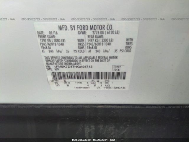 Photo 8 VIN: 1FM5K7D87HGA98743 - FORD EXPLORER 