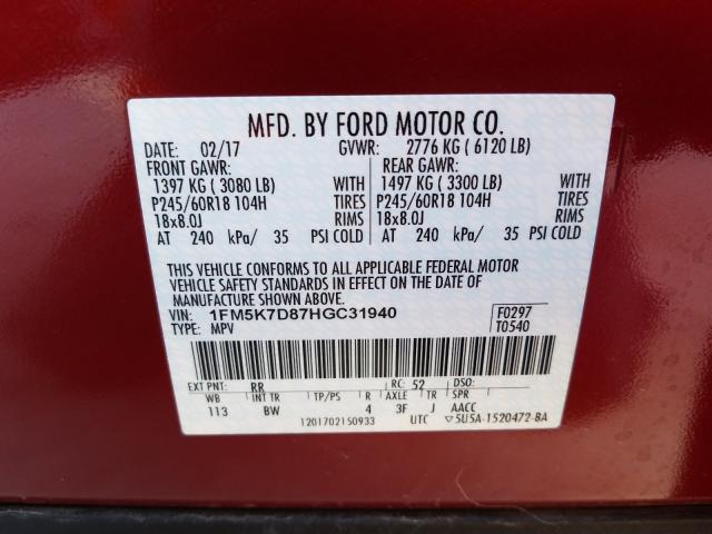 Photo 9 VIN: 1FM5K7D87HGC31940 - FORD EXPLORER X 