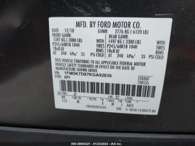 Photo 8 VIN: 1FM5K7D87KGA92836 - FORD EXPLORER 