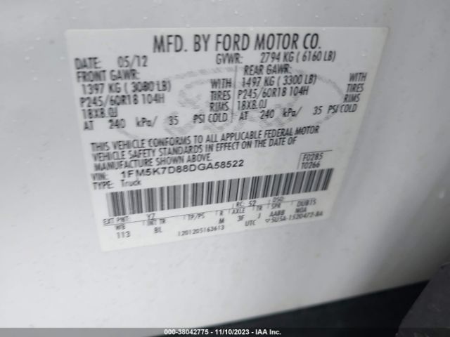 Photo 8 VIN: 1FM5K7D88DGA58522 - FORD EXPLORER 