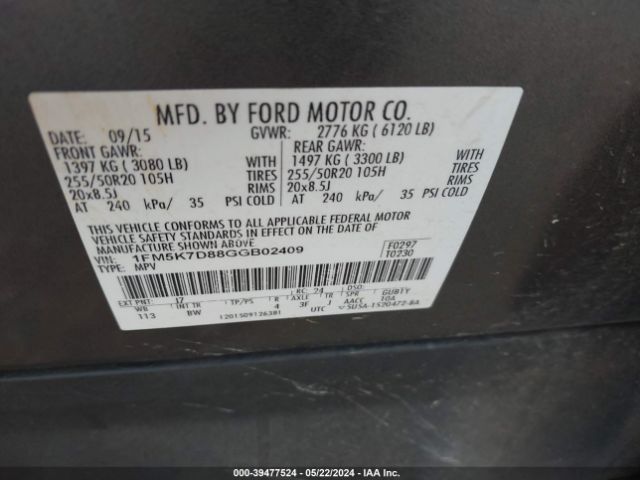 Photo 8 VIN: 1FM5K7D88GGB02409 - FORD EXPLORER 