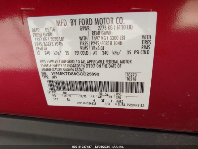 Photo 8 VIN: 1FM5K7D88GGD25890 - FORD EXPLORER 