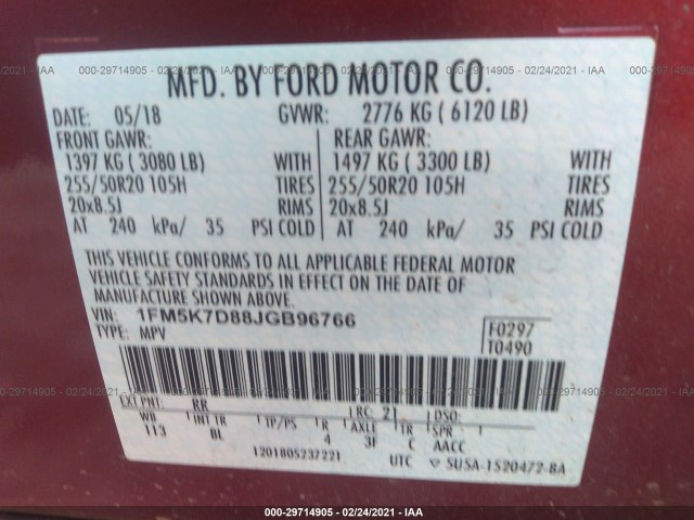 Photo 8 VIN: 1FM5K7D88JGB96766 - FORD EXPLORER 