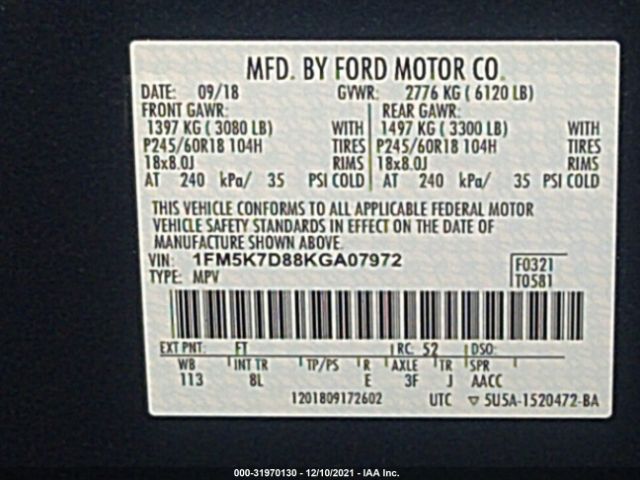 Photo 8 VIN: 1FM5K7D88KGA07972 - FORD EXPLORER 