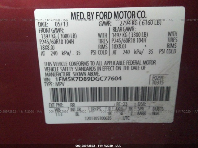 Photo 8 VIN: 1FM5K7D89DGC77604 - FORD EXPLORER 