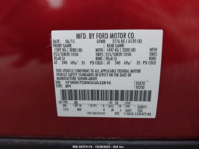 Photo 8 VIN: 1FM5K7D89GGA32810 - FORD EXPLORER 