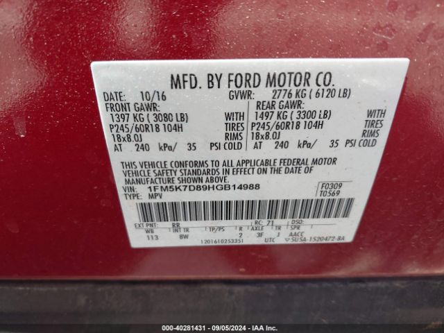 Photo 8 VIN: 1FM5K7D89HGB14988 - FORD EXPLORER 