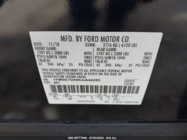 Photo 8 VIN: 1FM5K7D89KGA44285 - FORD EXPLORER 