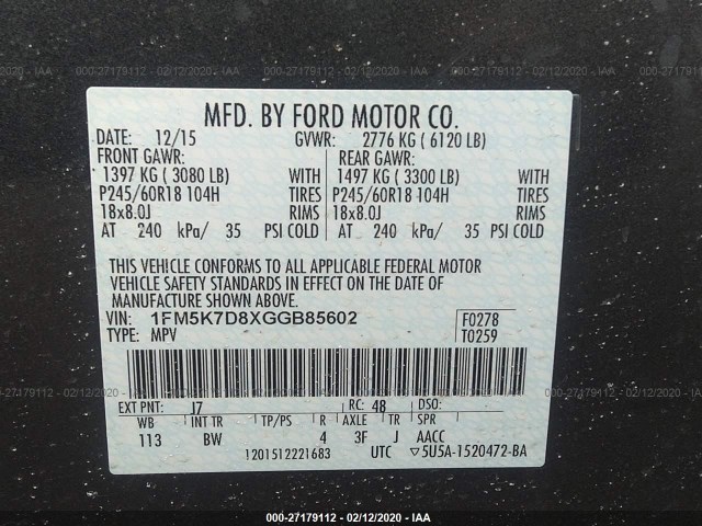 Photo 8 VIN: 1FM5K7D8XGGB85602 - FORD EXPLORER 