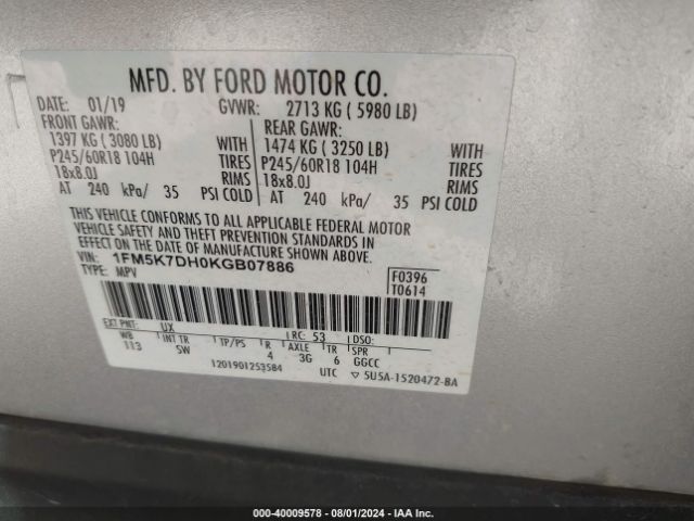 Photo 8 VIN: 1FM5K7DH0KGB07886 - FORD EXPLORER 