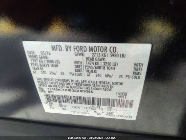 Photo 8 VIN: 1FM5K7DH8GGD09365 - FORD EXPLORER 