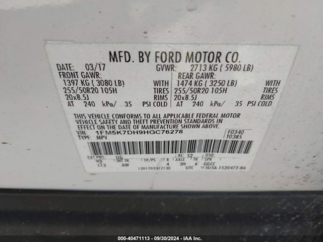 Photo 8 VIN: 1FM5K7DH9HGC76278 - FORD EXPLORER 